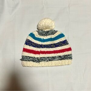 Blue and Red Striped Beanie Hat with Pom Pom